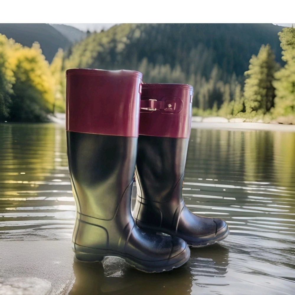 Hunter Women's Black Purple Rain BOOTS Original Color Block Tall 8M/9F  EUC